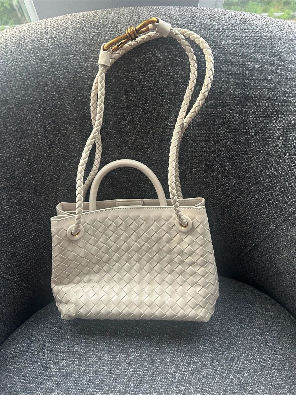 Woven Pleather Tote with Gold Knot Accent - Cream - Picture 7 of 7
